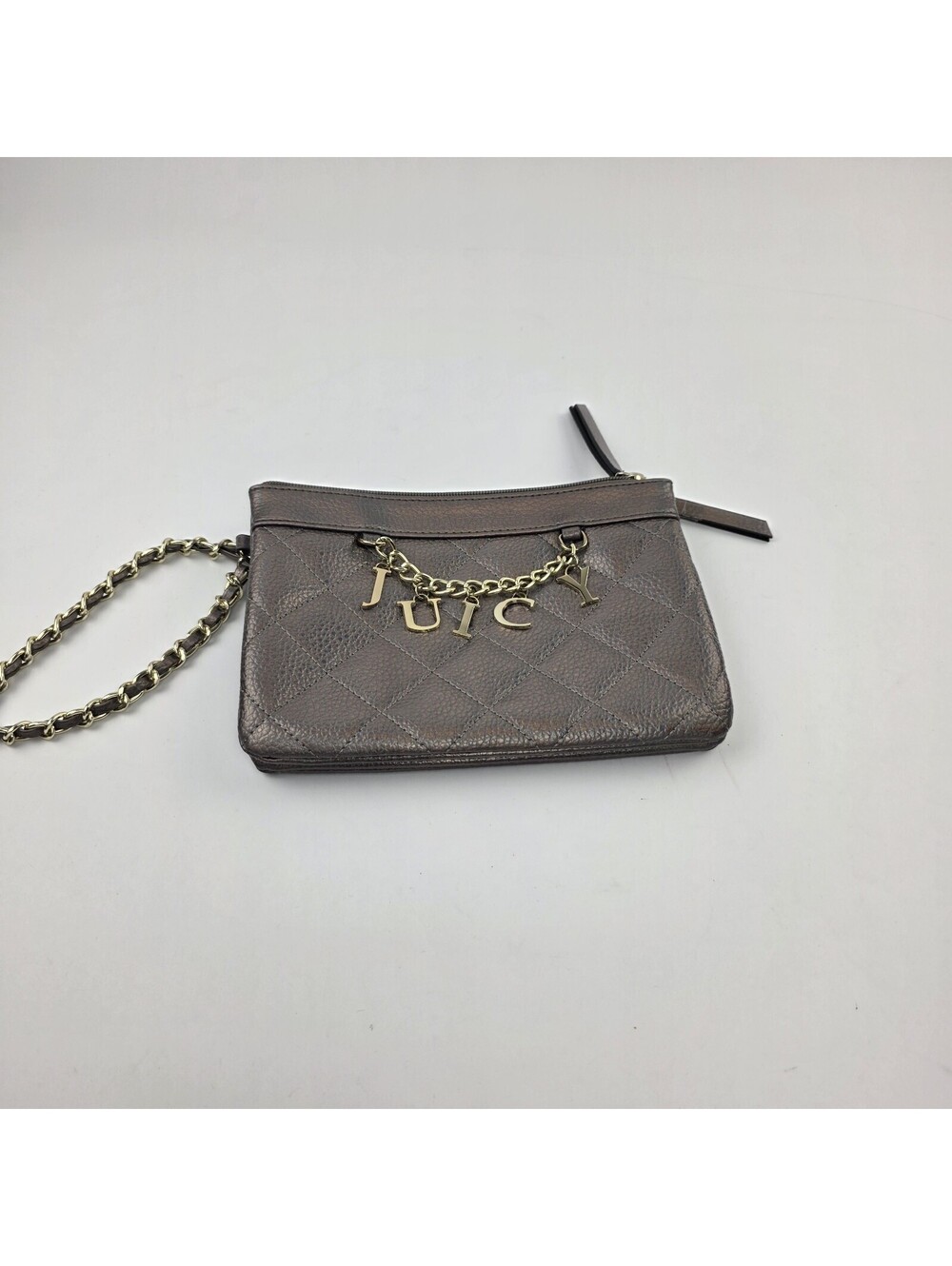 Juicy Couture Quilted Metallic Wristlet With Chain Strap & Pink Crown Lining